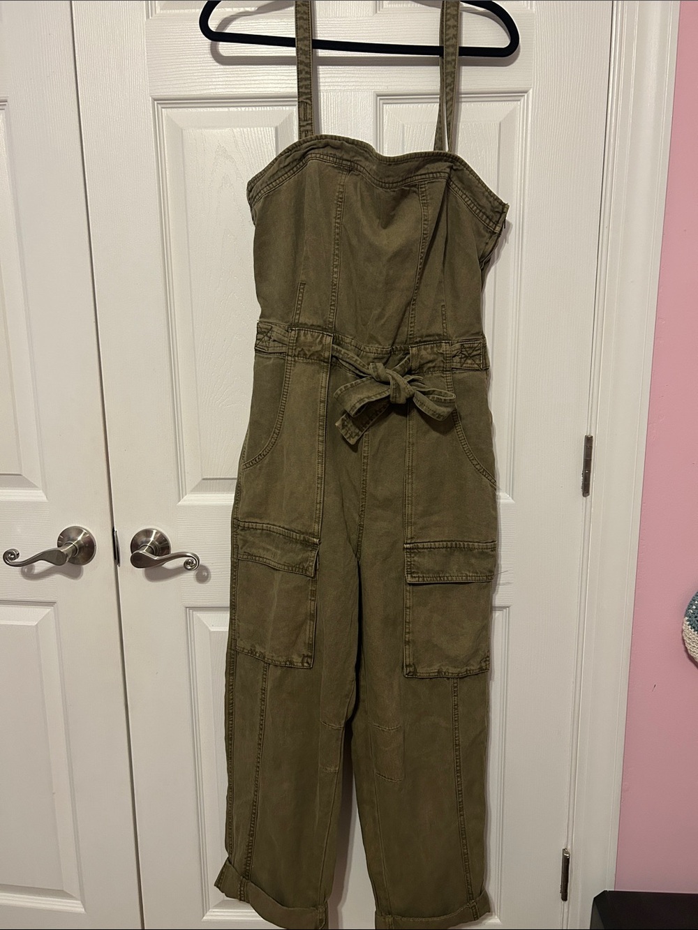 Free People Olive Utility Strap Jumpsuit with Tie Waist